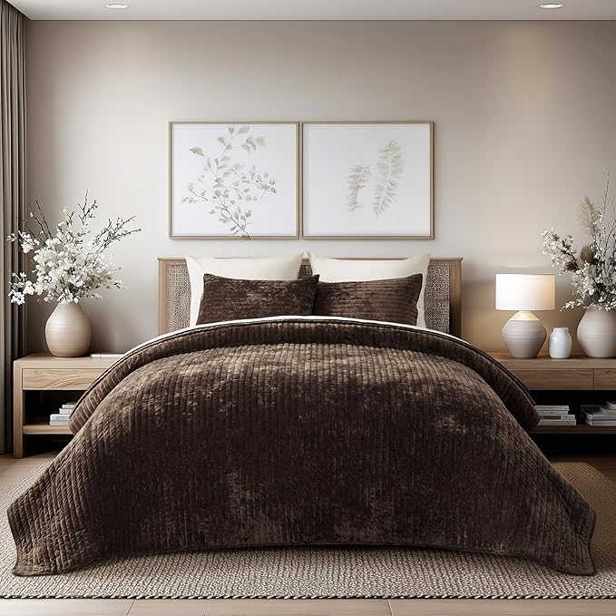 EVERGRACE Velvet Quilt Set Queen Size, Luxurious Soft Striped Channel Bedding by EverGrace