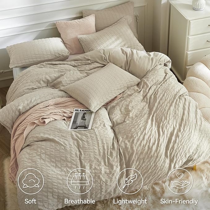 JELLYMONI Light Khaki Duvet Cover Full Size, Soft Breathable Seersucker Duvet - Image 2