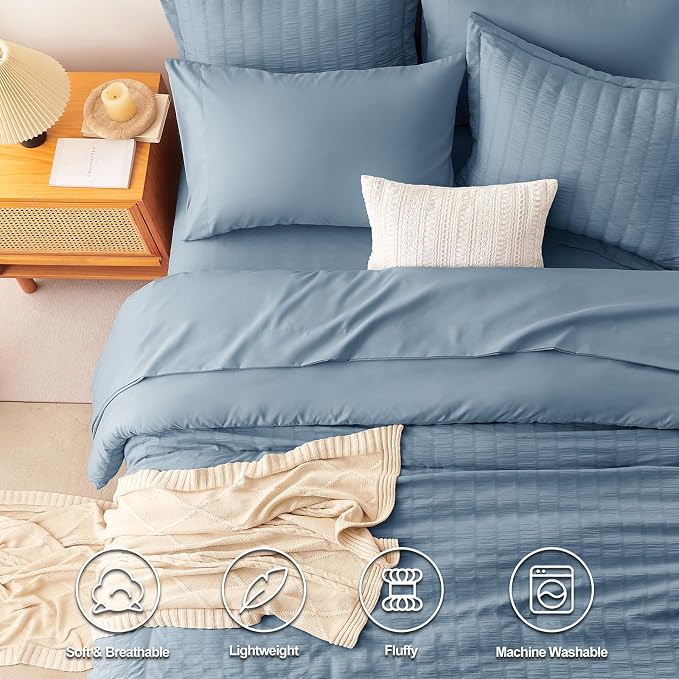 CozyLux Oversized King Comforter Set Grayish Blue Seersucker 7 Pieces 120x98 - Image 2