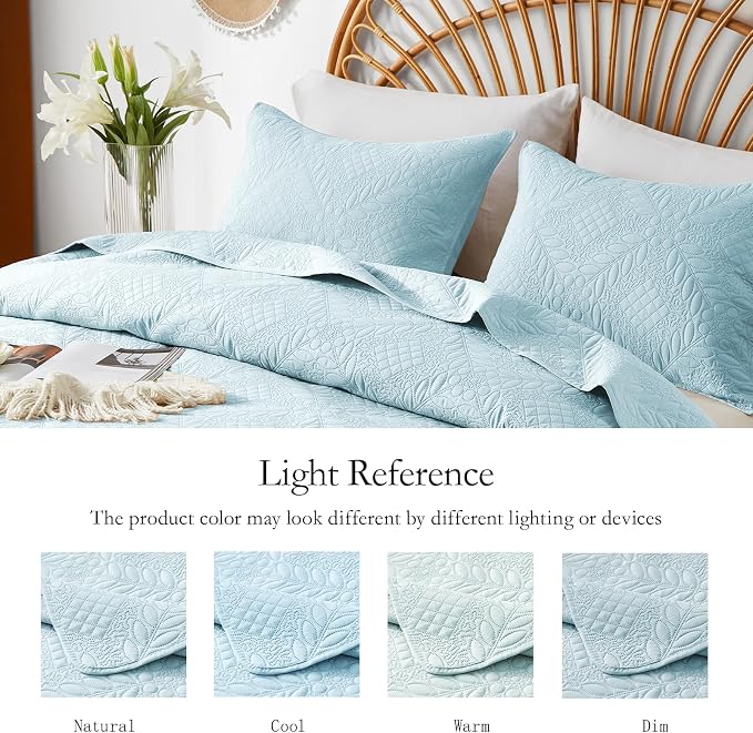FLYMME Twin Quilt Set, Lightweight Sky Blue Bedspreads, Vintage Olive Leaf - Image 5
