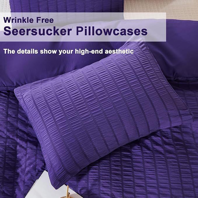 AveLom Seersucker Duvet Cover Set Queen Size, 3 Pieces, Dark Purple Ultra Soft - Image 6