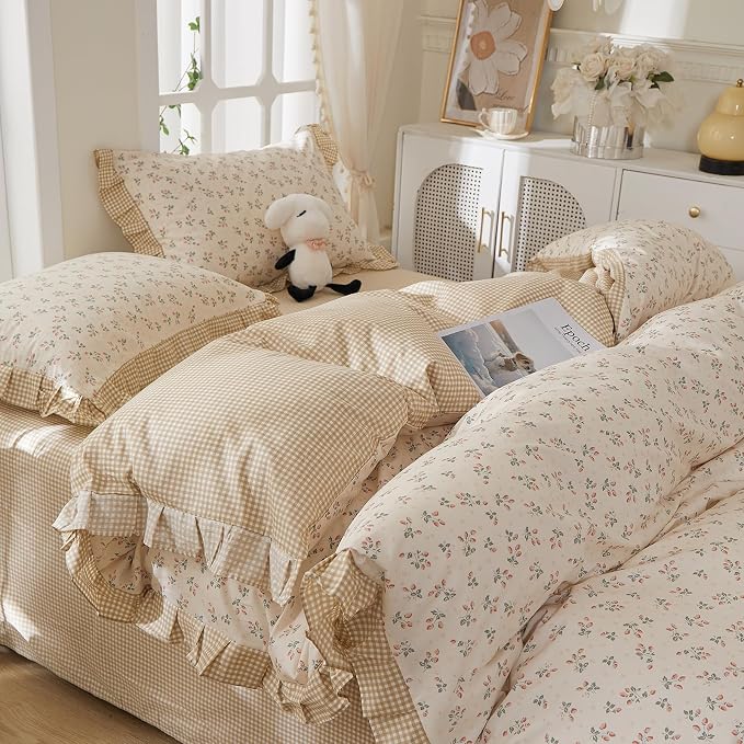 mixinni Beige Floral Duvet Cover Twin XL Size, 100% Cotton Cute Strawberry - Image 4