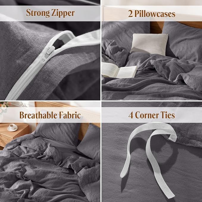 LBRO2M 100% France Linen Duvet Cover Set King Size 3 Pcs Natural Flax Comforter - Image 5
