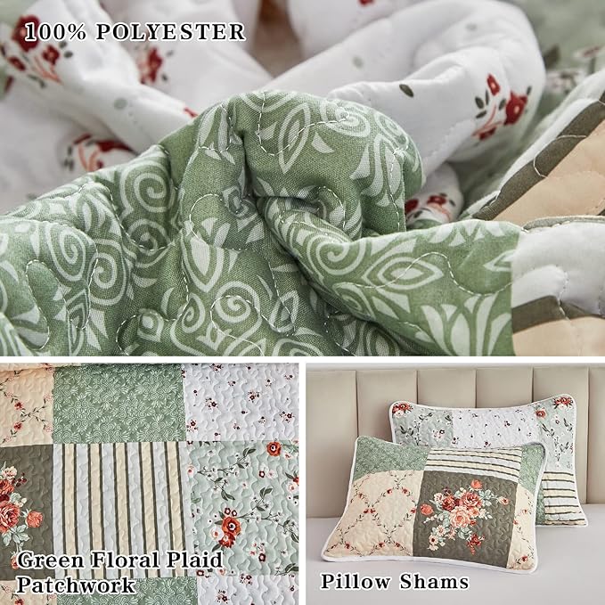 Patchwork Quilt Set King Size, 3 Pieces Green Floral Plaid Summer Bedspread - Image 5