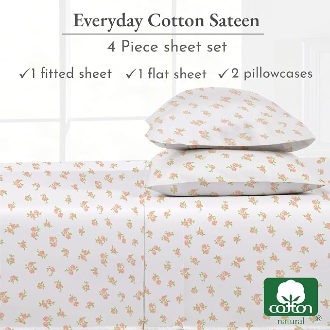 California Design Den Floral Pattern Bed Sheet Set Queen Size, 100% Cotton - Image 6
