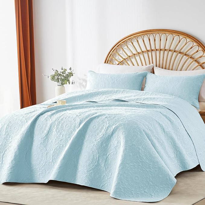 WURUIBO Sky Blue Quilt Set King/Cal King Size, Embossing Microfiber Bedspreads - Image 7