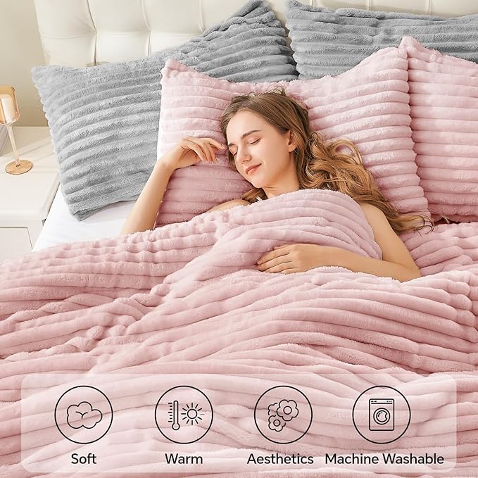 BEDELITE Fleece Queen Comforter Set -Super Soft & Warm Fluffy Pink Bedding - Image 3