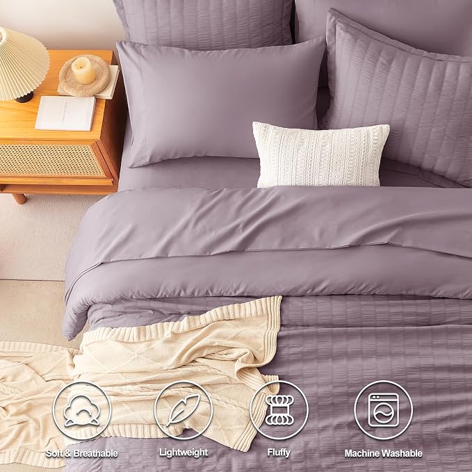 CozyLux Oversized King Comforter Set Dusty Purple Seersucker 7 Pieces 120x98 - Image 2