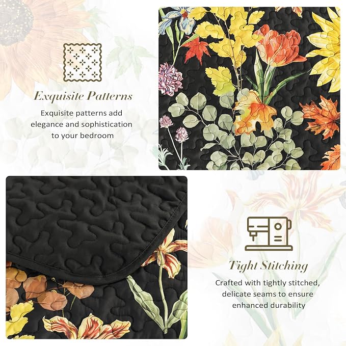 Yiran Black Yellow Full Size Quilt, Floral Bedspreads Bedding Set, 3 Pieces - Image 7