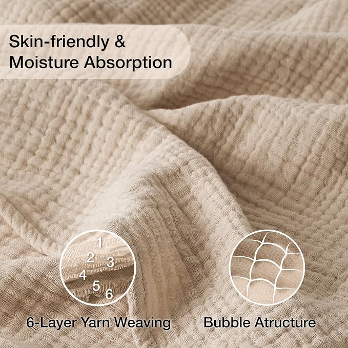 100% Cotton Muslin Blanket Queen 90" x 90", 6 Layers Breathable and Lightweight - Image 4