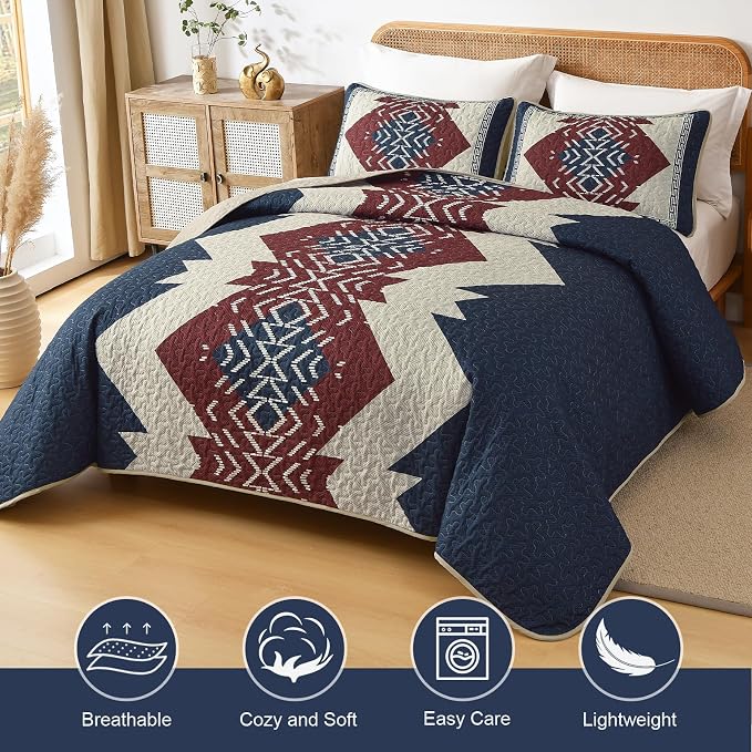 Dintszyayue Blue and Red Quilt Set King Size Boho, 3 Piece Aztec Texture - Image 2