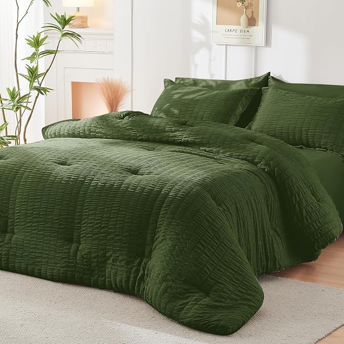 HYMOKEGE Olive Green Full Size Comforter Sets Seersucker 7 Pieces, All Season - Image 8