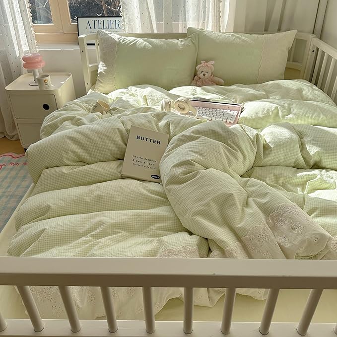 MKXI Mint Green Gingham Duvet Cover Set Queen - Image 3