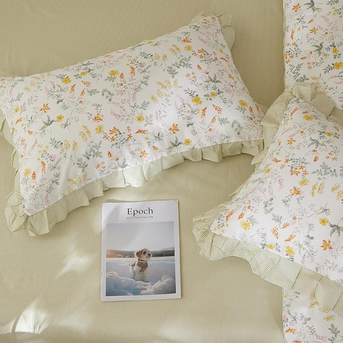 mixinni 100% Cotton Duvet Cover Set Full, Reversible Spring Floral Ruffle Green - Image 6