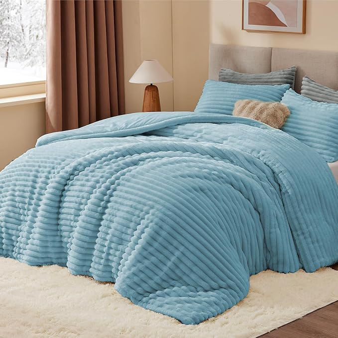 BEDELITE Fleece Twin Comforter Set -Super Soft & Warm Fluffy Light Blue Bedding - Image 3