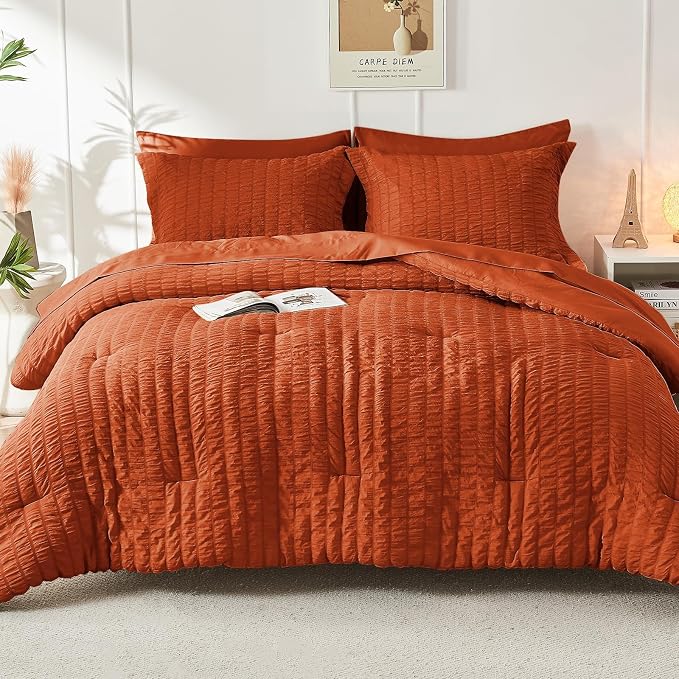 HYMOKEGE Burnt Orange King Size Comforter Set Seersucker 7 Pieces, All Season - Image 8