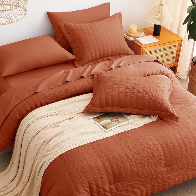 CozyLux King Size Comforter Set Burnt Orange Seersucker 7 Pieces Bed in a Bag - Image 6