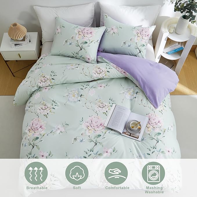 BOLINLIVING Floral Duvet Cover Queen Size 3 Pieces, Flower Duvet Cover - Image 4