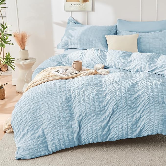 HYMOKEGE Lake Blue Duvet Cover King Size, Ultra Soft 3-Piece Seersucker Duvet by HYMOKEGE
