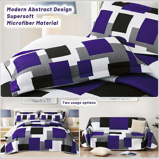 Tyrot 2 Piece Dark Purple Grey Quilt Set Twin Size Black White Gray Geometric - Image 3