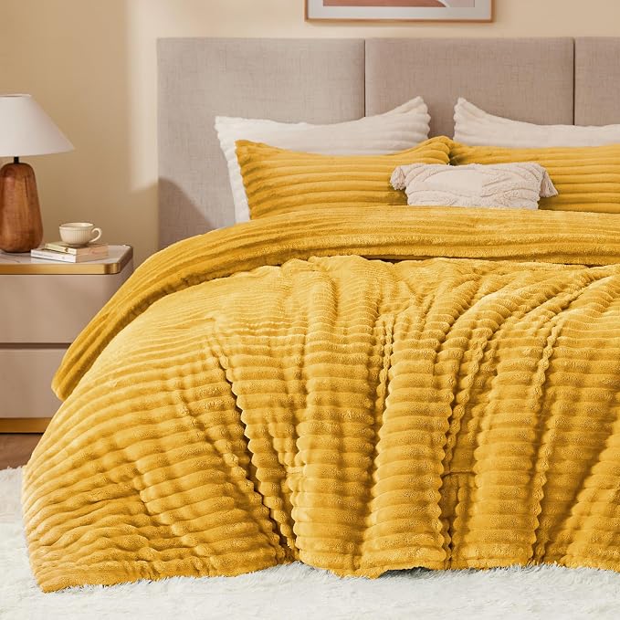 BEDELITE Fleece King Comforter Set -Super Soft & Warm Fluffy Mustard Yellow by BEDELITE
