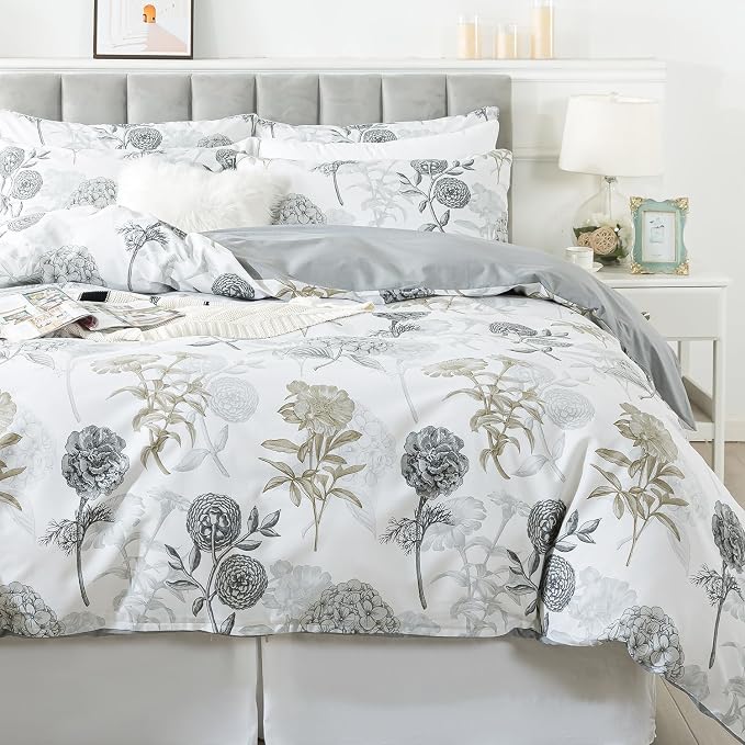 FADFAY Floral Duvet Cover Sets Twin Size 100% Cotton Ink Grey Vintage Flower by CottonWorldSweetDream