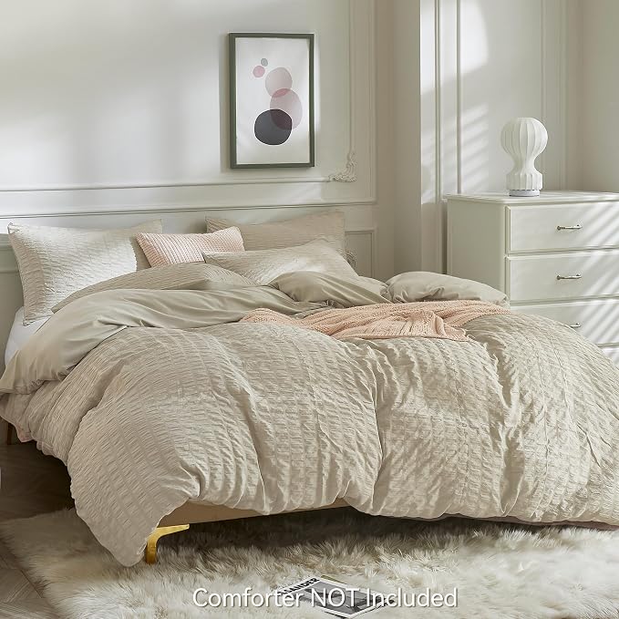 JELLYMONI Light Khaki Duvet Cover Twin Size, Soft Breathable Seersucker Duvet - Image 3