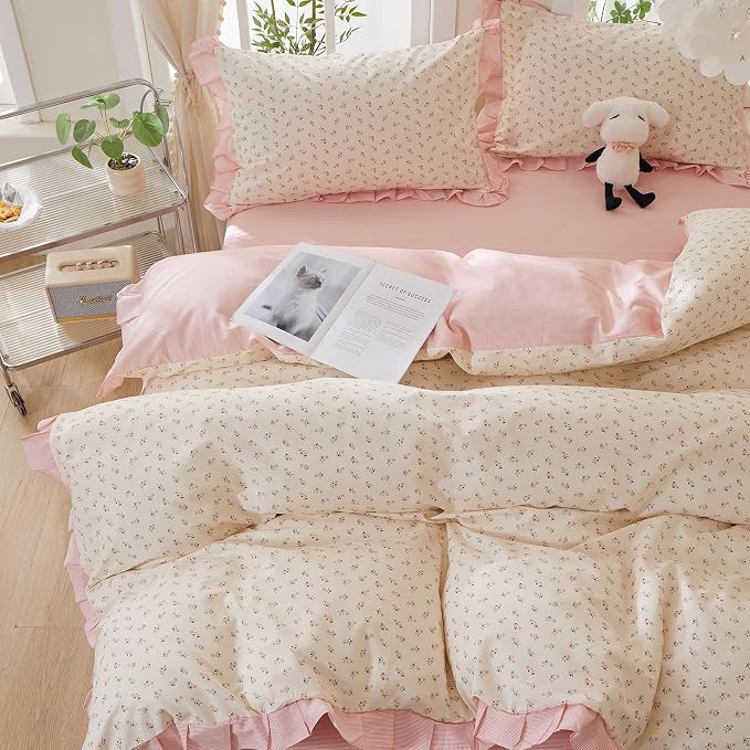 mixinni Pink Floral Duvet Cover Set Full Size – 100% Cotton Ruffle Lace Bedding by mixinni