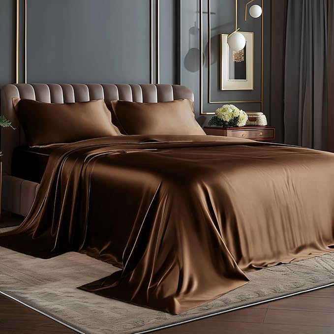 BEDELITE California King Sheets Set, Luxury Soft Brown Satin Sheets by BEDELITE