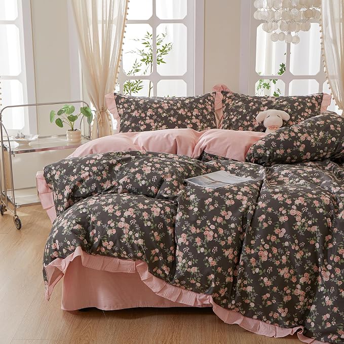 mixinni Vintage Floral Duvet Cover Set Full Size – 100% Cotton Ruffle Lace by mixinni