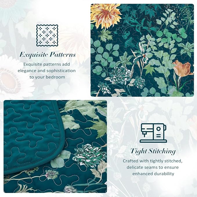 Yiran Peacock Green King Size Quilt, Sunflower Floral Bedspreads Bedding Set - Image 5