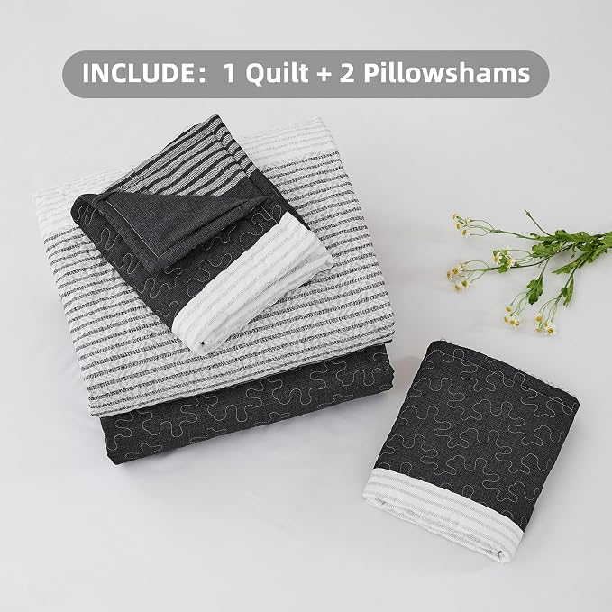Andency Oversized King Quilt Set Black White, 128x120 Stripe Bedspread Coverlet - Image 6