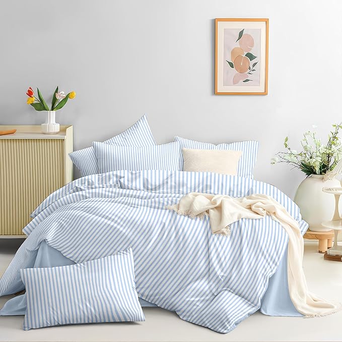 Nayoroom Blue Striped Duvet Cover King Size White Stripe Duvet Cover Dorm - Image 4