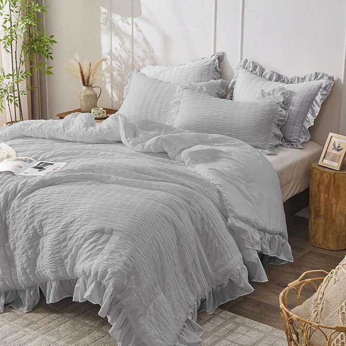 JOLLYVOGUE Light Grey Queen Comforter Set, 3 Pieces Seersucker Comforters Queen - Image 2