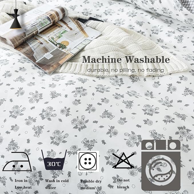 FADFAY Floral Duvet Cover Set King/Cal King Size 100% Cotton Grey White Flower - Image 7
