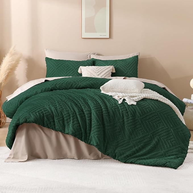 Andency Dark Emerald Green California King Comforter Set, 3 Pieces Boho Tufted - Image 2