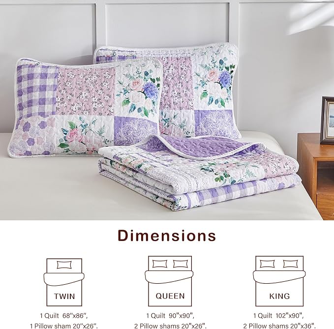 Joyreap 2 Pieces Floral Quilt Set Twin, Patchwork Purple n Pink Flowers Design - Image 7