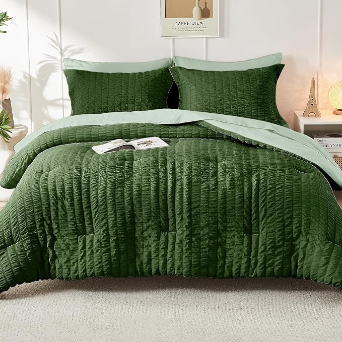 HYMOKEGE Dark Green/Sage Green Twin Comforter Set Seersucker 5 Pieces, All - Image 9