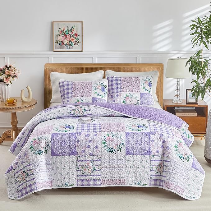 Joyreap 3 Pieces Floral Quilt Set King, Patchwork Purple n Pink Flowers Design by Joyreap