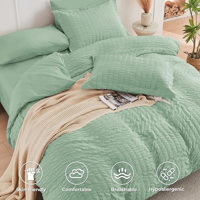 HYMOKEGE Sage Green Twin XL Comforter Set Seersucker 5 Pieces, All Season - Image 3
