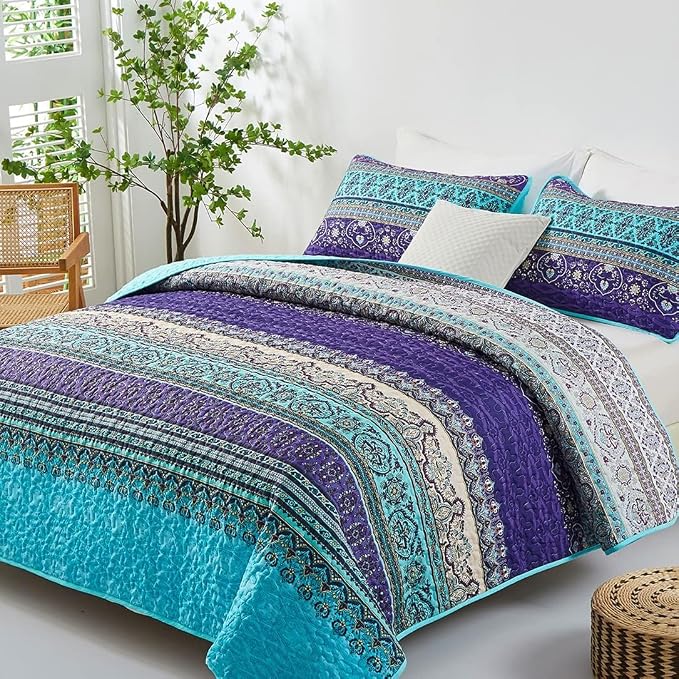 WONGS BEDDING Boho Quilt Twin Size, 2 Pieces Purple Blue Bohemian Lightweight - Image 2