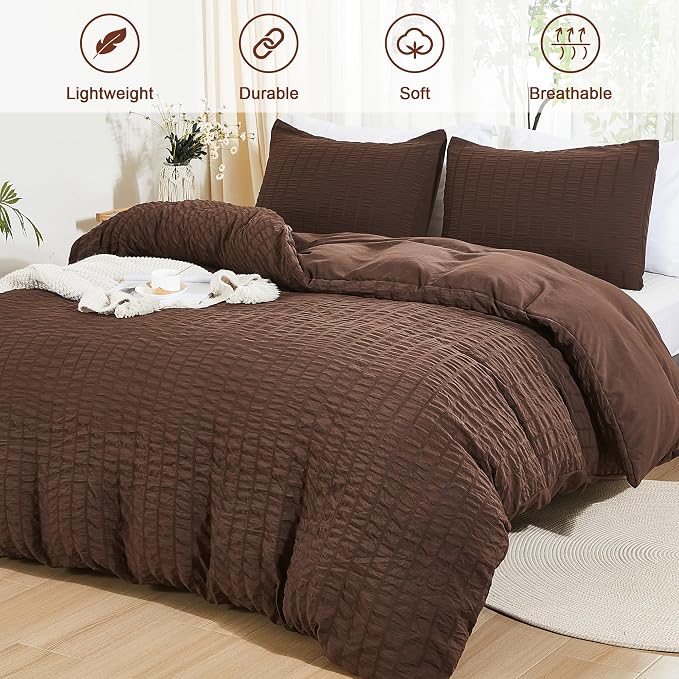 AveLom Brown Duvet Cover Full, 3 Pieces, Seersucker Tripe Soft Washed - Image 2