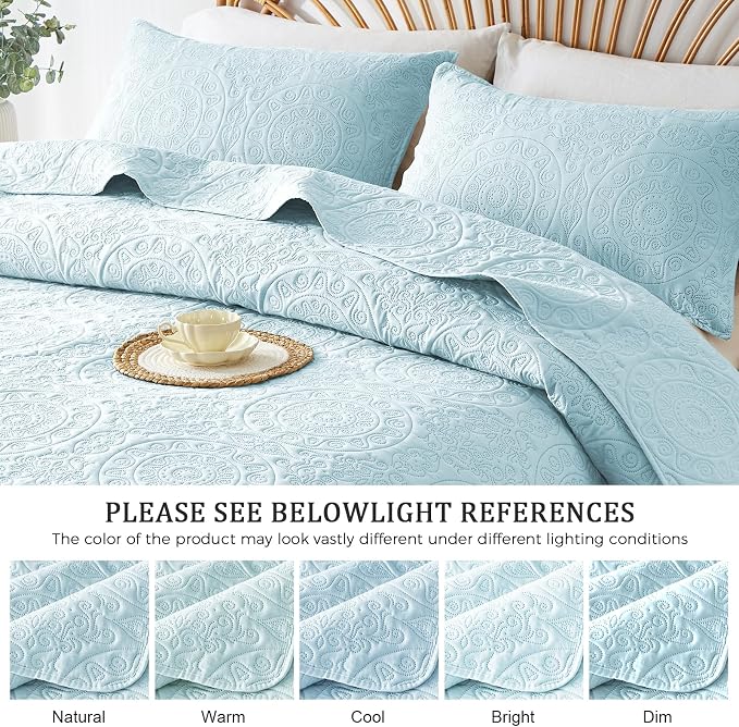 WURUIBO Sky Blue Quilt Set Queen Size, Embossing Microfiber Full Bedspreads - Image 5