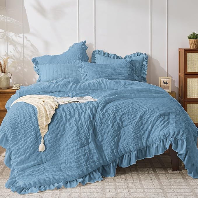 JOLLYVOGUE Twin Size Comforter Set, 2 Pieces Sea Blue Seersucker Lightweight by JOLLYVOGUE