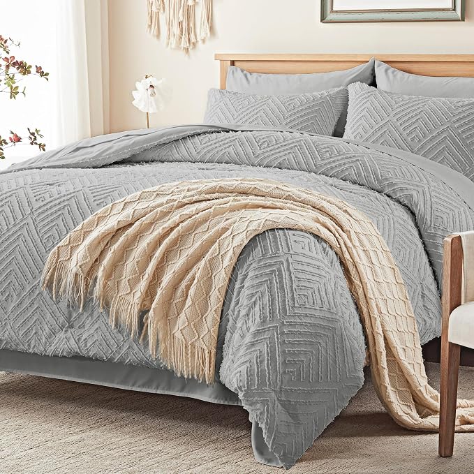 Zzlpp King Comforter Set 7 Pieces, Light Grey Tufted Bed in a Bag by ZZLPP