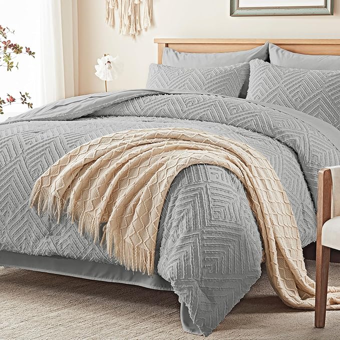 Zzlpp Full Comforter Set 7 Pieces, Light Grey Tufted Bed in a Bag - Image 2