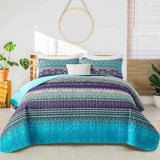 WONGS BEDDING Boho Quilt Twin Size, 2 Pieces Purple Blue Bohemian Lightweight by WONGSBEDDING