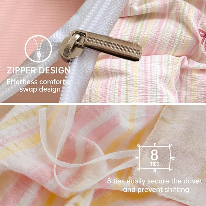 BOLINLIVING Pink Bow Duvet Cover Twin Size, Girls Kids Cute Striped Bowknot - Image 4