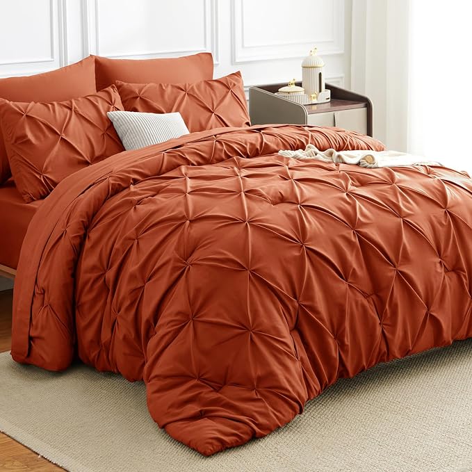 HIMEET Pintuck Bed in a Bag, 7 Pieces Queen Size Comforter Set Burnt Orange by Unknown
