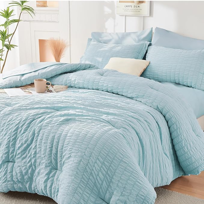 HYMOKEGE Lake Blue King Size Comforter Set Seersucker 7 Pieces, All Season by HYMOKEGE